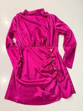 Girls' Satin Long-Sleeve Dress in Bright Fuchsia